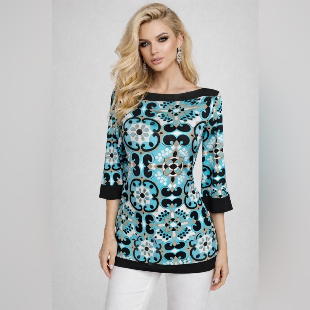 New Directions NWT Women’s Aqua Blue Multicolor Top Size Small 3/4 Sleeve